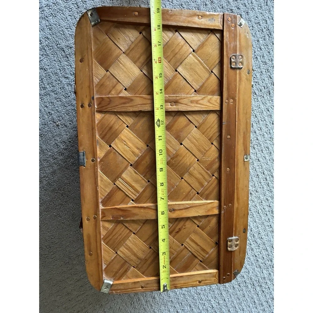 Vintage Split Oak Picnic Basket 20 x 12 x 9.5 Bent Wood Handles Hinged Lid